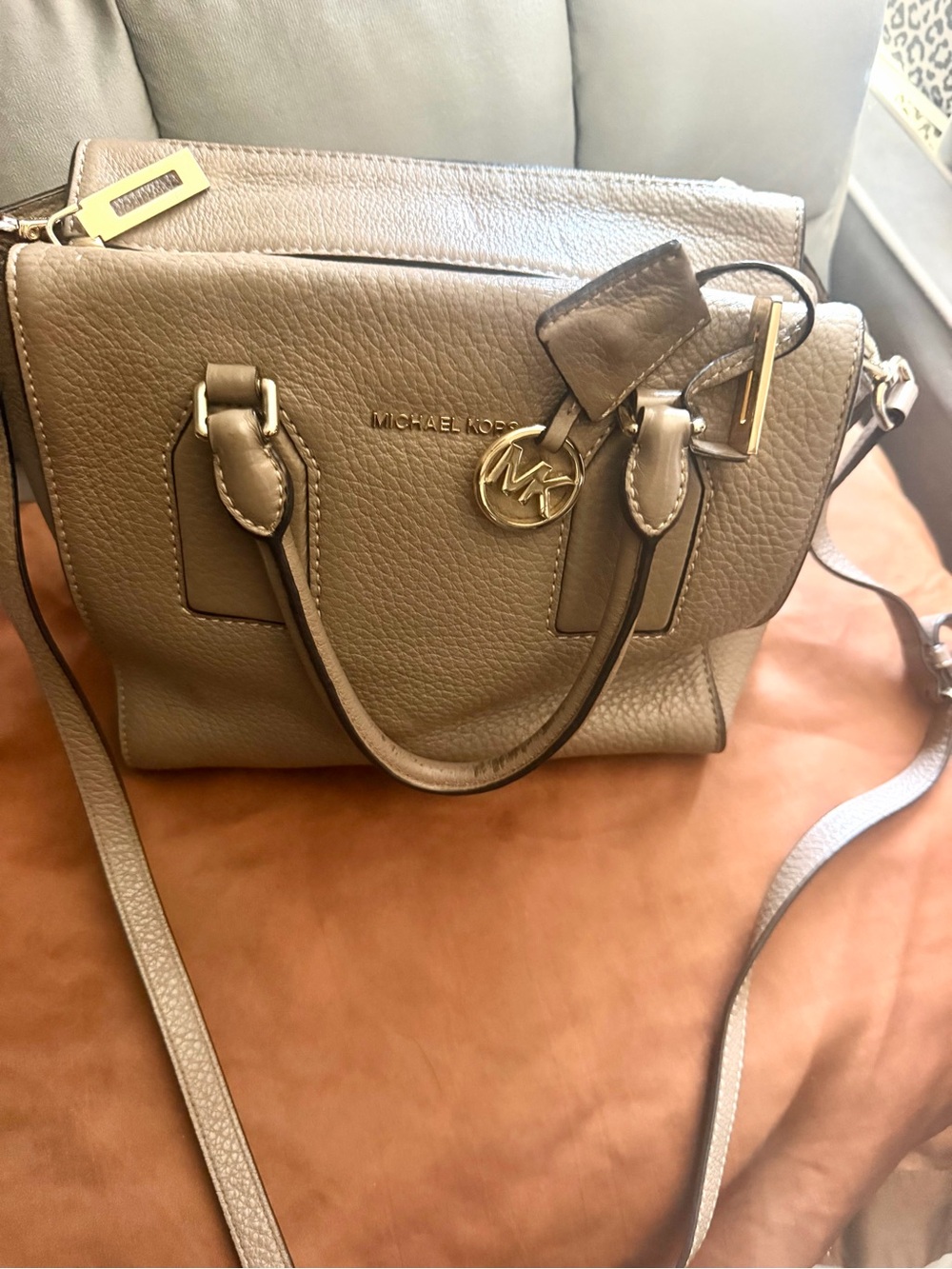 Michael Kors Taupe Pebbled Leather Satchel with Gold Hardware